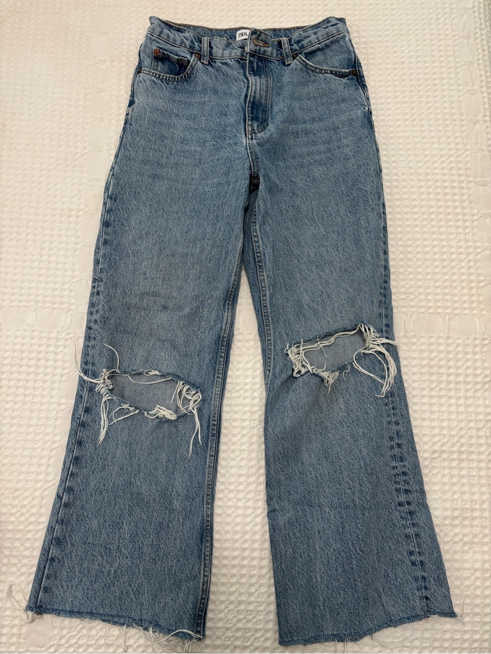 Zara High-Rise Distressed Wide-Leg Jeans - Light Blue